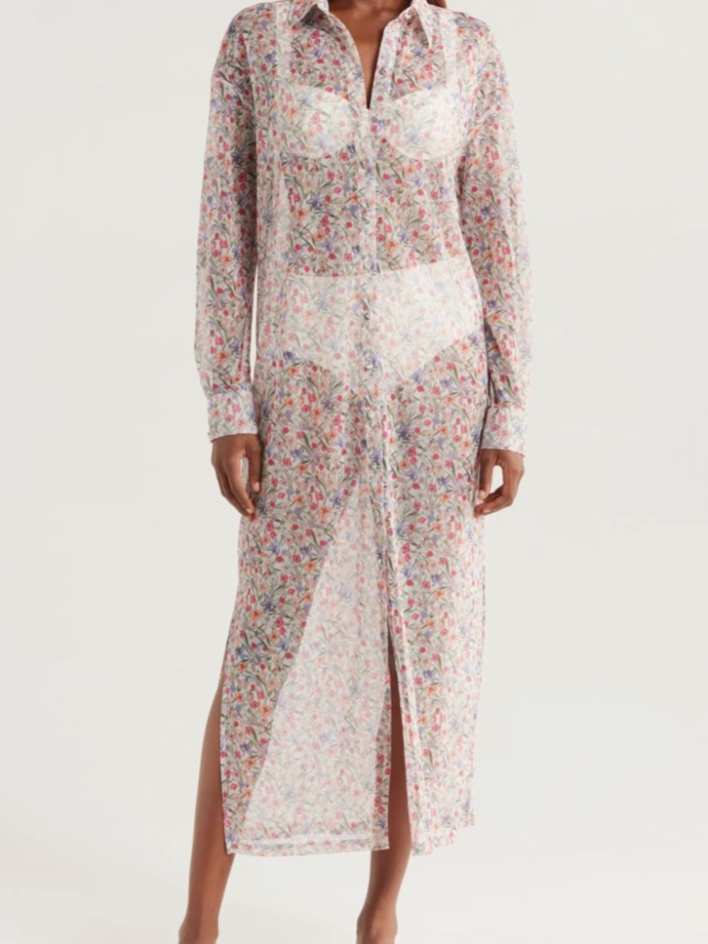 Hutch - Sheer Floral Mesh Shirtdress Cover-Up